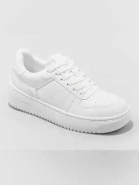 White Low-Top Women's Sneakers - Lace-Up Faux Leather
